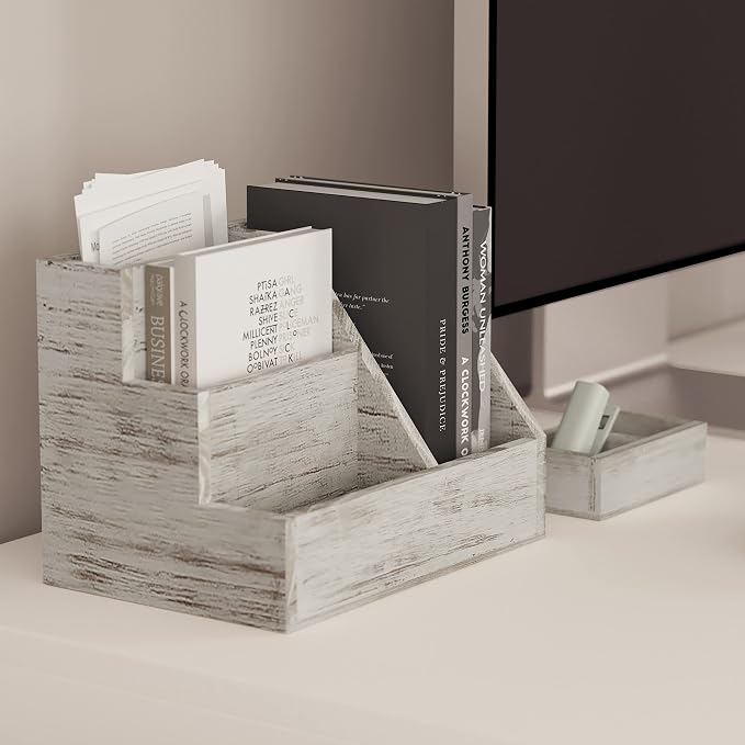 Merrick Lane Ceely 3 Wood Organizer Set - Whitewashed Solid Pine Wood - For Desktop, Table Top, or Vanity