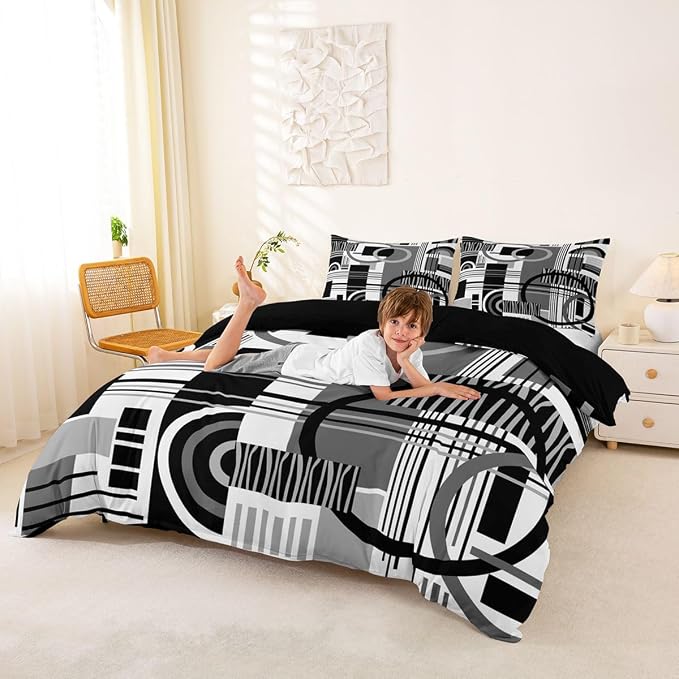 Erosebridal Art Deco Mid Century Duvet Cover Set Retro Modern Abstract Geometric Full Size Bedding Sets for Tween Boys Girls Black and White Grey Circles Stripes Comforter Cover Contemporary Bed Set