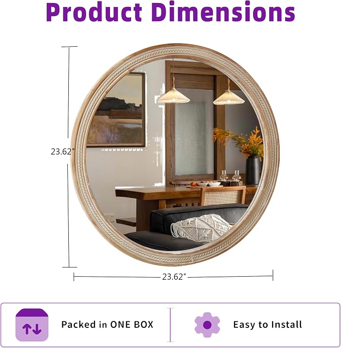 23.62'' Rustic Modern Round Wall Mirror with Rattan Textured & Pre-Installed Hanging, Decorative Mirror with Large Reflective Surface for Bathroom Bedroom Living Room, Natural