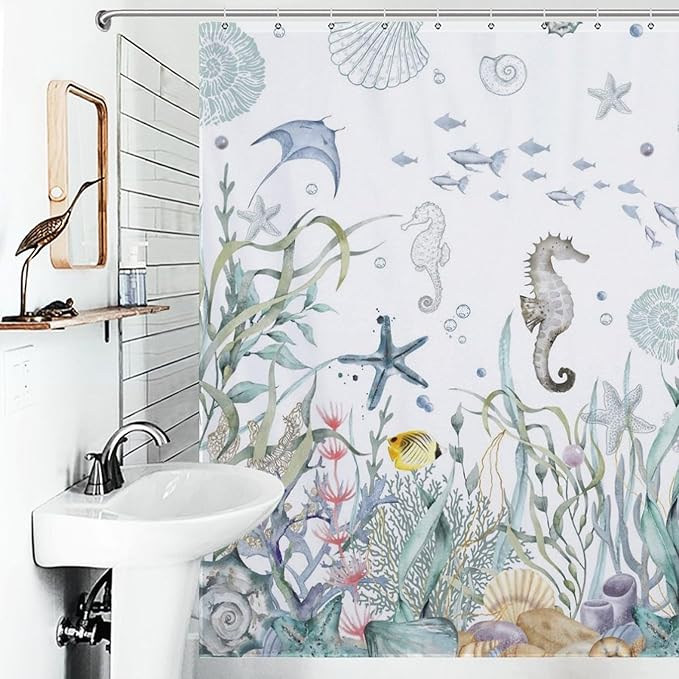 Nautical Beach Shower Curtains,Coastal Seahorse Undersea Animal Blue Green Ocean Coral Summer Beach Theme Bathroom Curtain Waterproof Fabric Machine Washable with Hooks,72x72Inch