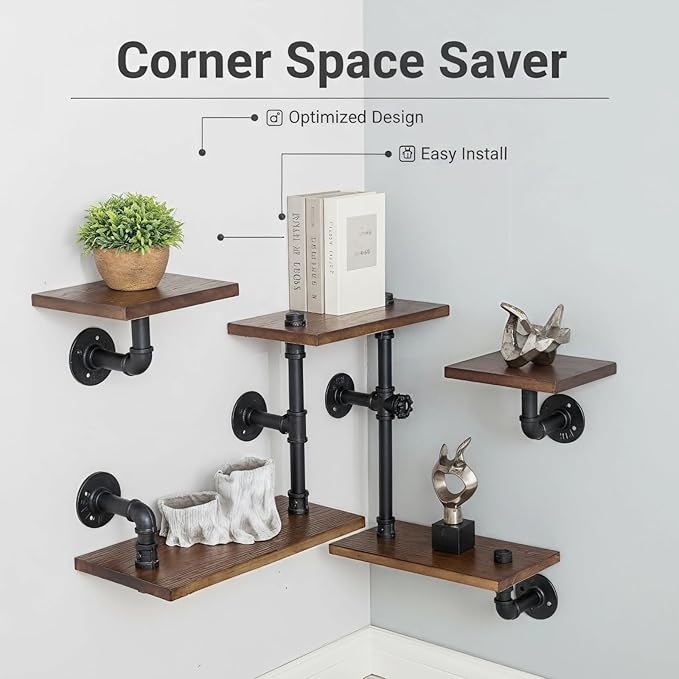 Industrial Rustic Modern Wood Ladder Pipe Wall Mounted Floating Shelves - Set of 3 Bookshelf,DIY Storage Shelving,Hung Bracket,Bookcase (Set of 3 Ladder Shelves)