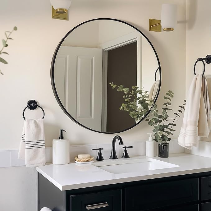 Sunniry Black Round Mirror, Round Mirror 24 inch, Black Circle Mirrors Matte Metal Frame, Wall Mounted Mirrors for Living Room, Bathroom, Wall, Entryway.
