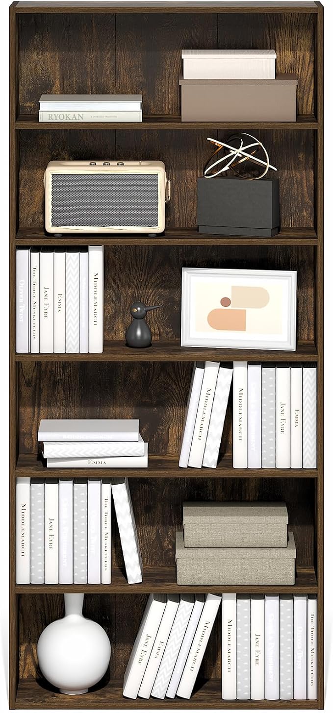 Furinno Basic Book Shelf, 6-Tier Bookcase with Open Shelf, Bookshelf, Cube Storage Organizer, 7 x 24 x 53, for Living Room, Bedroom, Home Office, Amber Pine