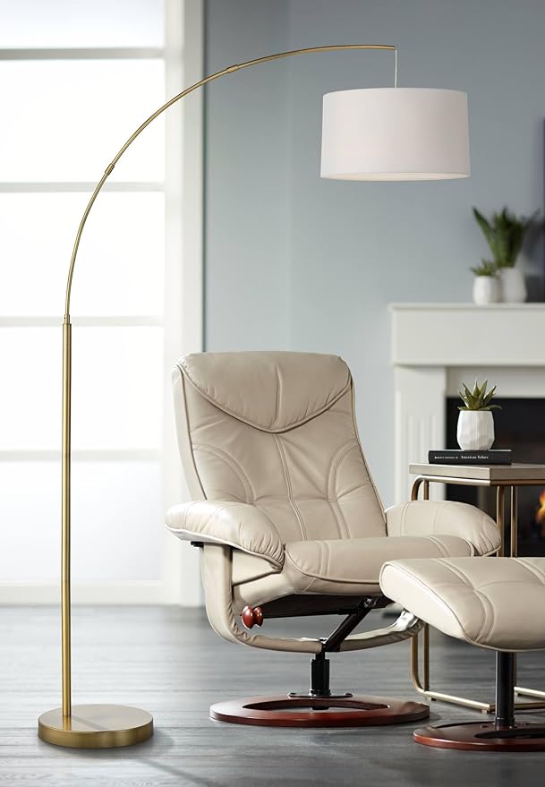 360 Lighting Cora Mid Century Modern Arc Lamps Floor Standing with USB Charging Port 72" Tall Brass Metal White Linen Fabric Drum Shade for Living Room Reading House Bedroom Home Office