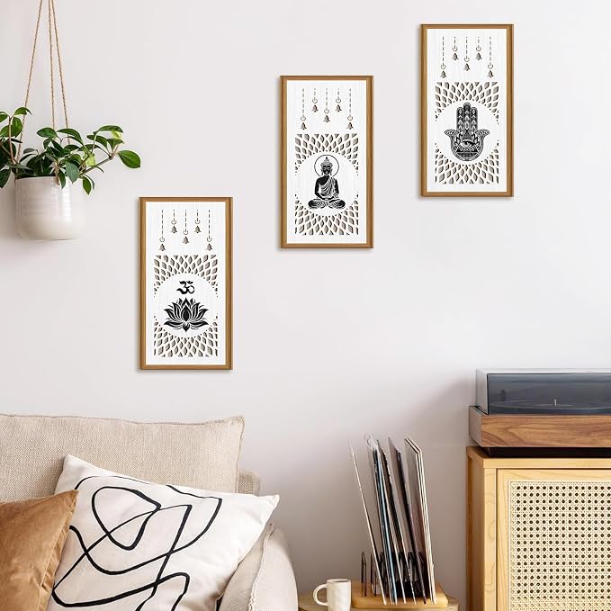 Ausril 3 Pcs Boho Lotus Wall Decor,Abstract Lotus Wood Wall Art Bohemian Yoga Hanging Decor Nature Neutral Artwork Decoration for Farmhouse Bedroom Living Room 7.9 x15.8 Inch