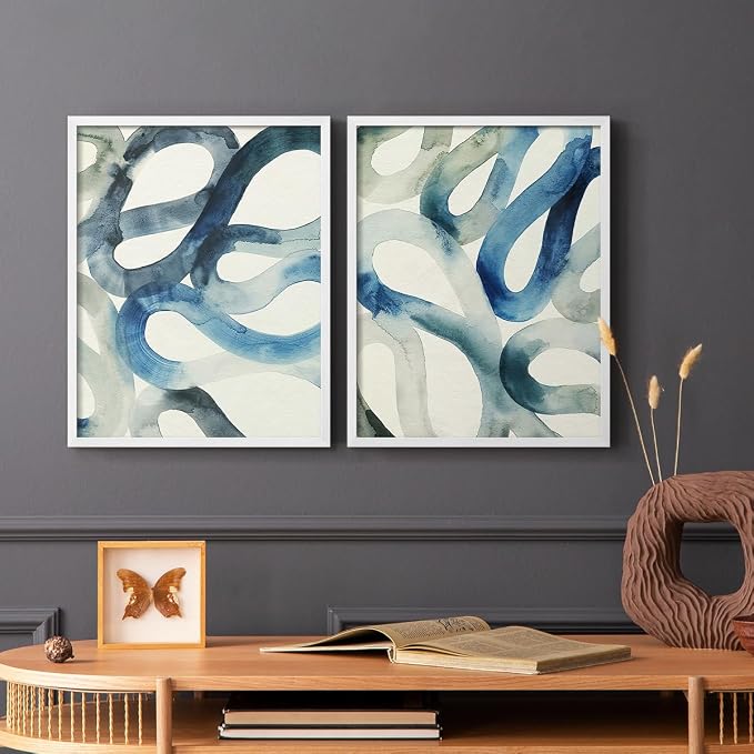 Renditions Gallery Set of 2 Peel & Stick Framed Prints, Watercolor Abstract Wall Art, Aquatic Water and Sand Strokes Wall Decor, Re-Stickable - Ready to Hang - 22"x28" - White Frame LT588