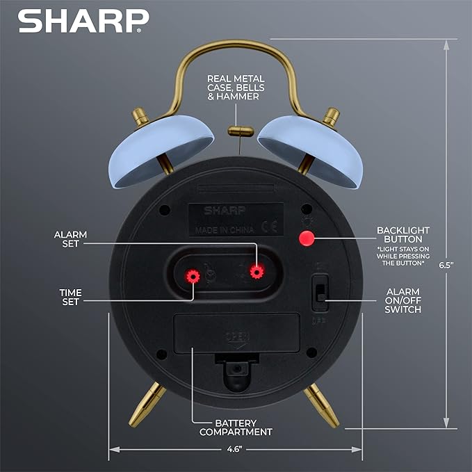 Sharp Twin Bell Alarm Clock, Loud Alarm Great for Heavy Sleepers - Stylish Matte Finish with Rustic Bronze Accents, Battery Operated (Matte Cornflower Blue)