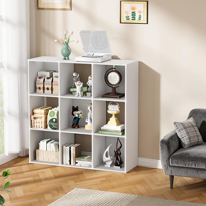 9 Cube Storage Organizer, Free Standing Display Shelf with Open Cubes, Floor Standing Book Shelf Bookcase with Storage for Home Office, Living Room, Bed Room (White, 9-Cube)