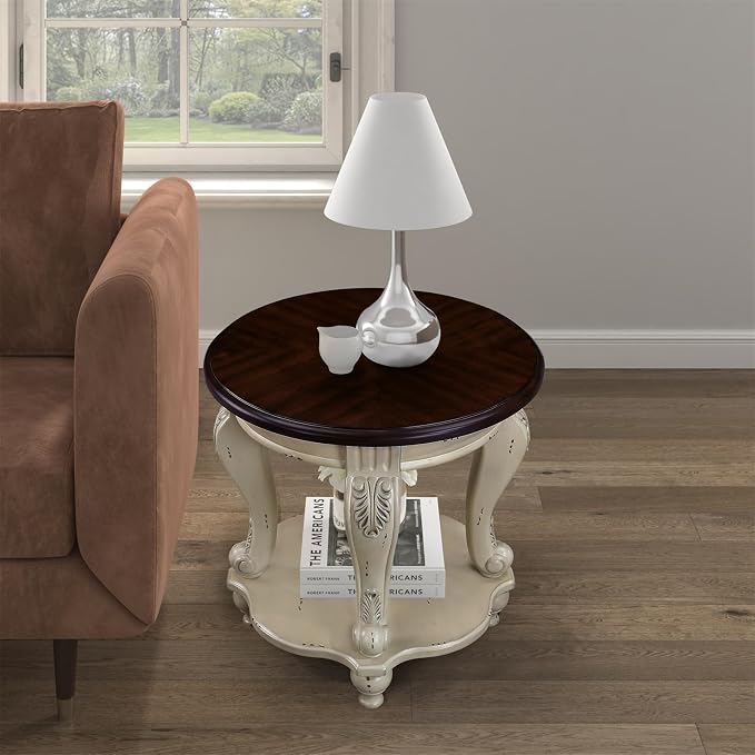 22'' Round End Table Solid Wood Sofa Side Table with Storage Shelf, Living Room Corner Table Retro Accent Table with Cherry Tabletop, Easy Assemble Round Bedside Table Night Stand for Small Space