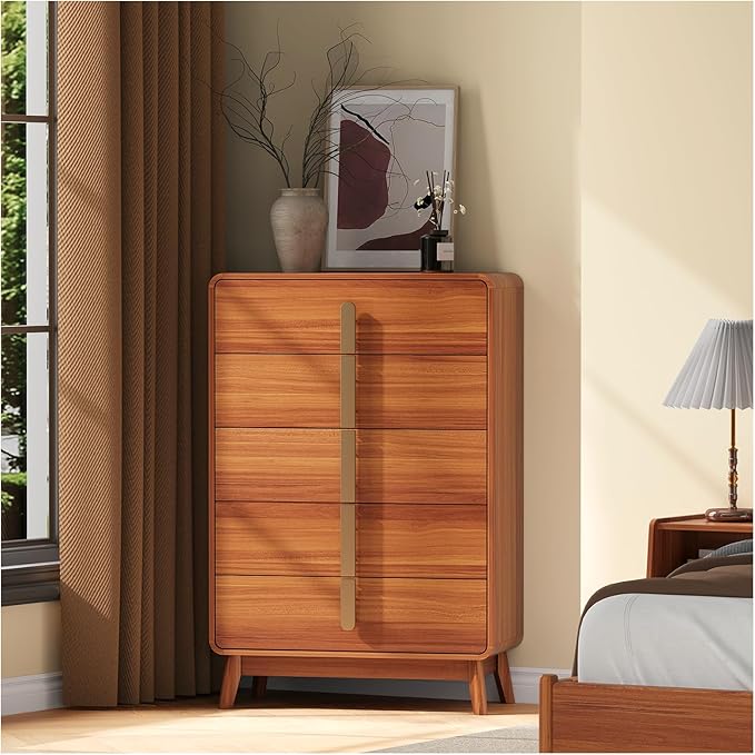 Dresser for Bedroom with 5 Drawers,Mid Century Modern Dresser with Storage,31" Modern Chest of Drawers with Metal Handles,Large Wood Drawer Organizer for Bedroom,Living Room,Hallway,Cherry