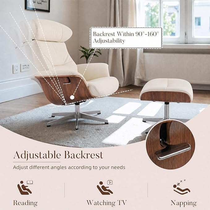 Mid Century Modern Chaise Lounge Chair with Ottoman,Swivel Accent Chair Top Black Full Grain Leather,Walnut Wood,Adjustable Backrest Headrest,Heavy Duty Metal Base for Office,Living Room,Beige