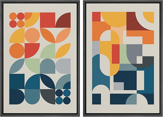 IDEA4WALL Framed Canvas Print Wall Art Set Mid-Century Modern Red & Blue Geometric Color Blocks Abstract Shapes Illustrations Modern Art Decorative Minimalist Multicolor for Bedroom - 16"x24"x2 Black