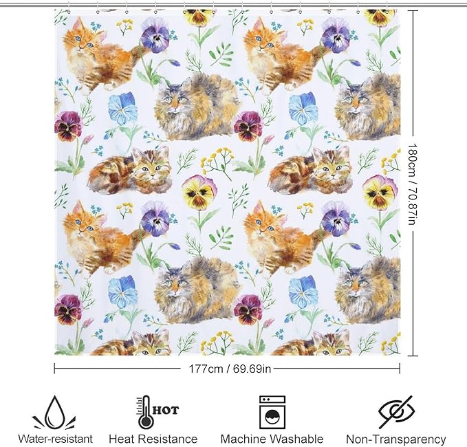 Cat Shower Curtain,Cute Cartoon Colorful Pets Paw Bathroom Curtain Polyester Waterproof Fabric Decor 72x72in（183x183cm）