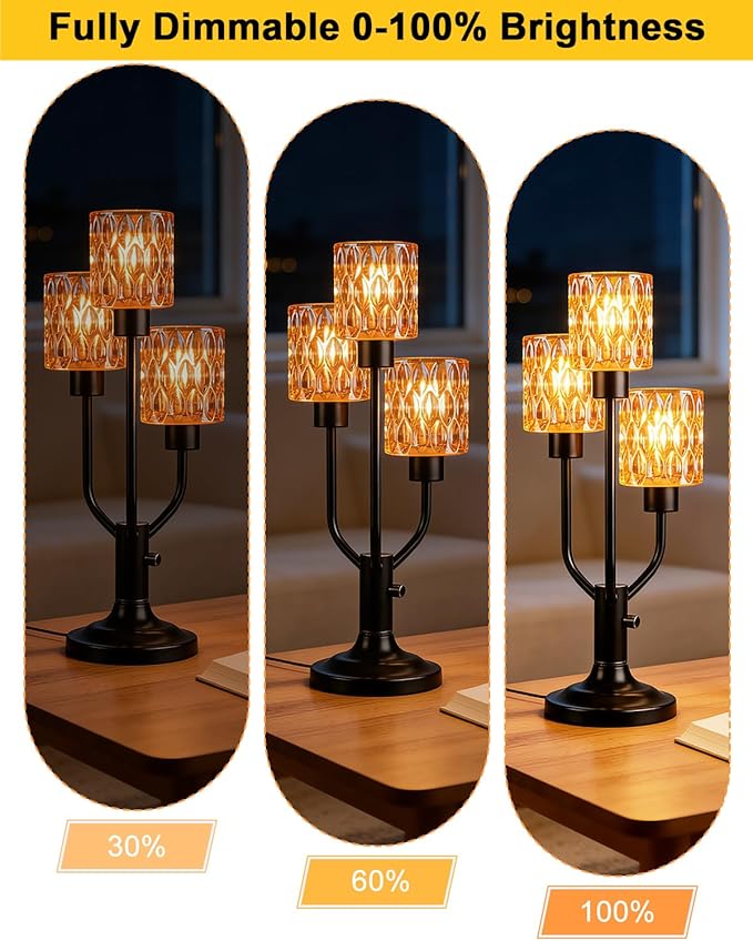 Lightdot Mid Century Modern Table Lamp for Bedroom Dimmable Nightstand Lamp Vintage Black Desk Lamp Amber Glass 3 Bulbs Included Warmwhite Ambient Bedside Lamps for Living Room Home Office Decor Gift