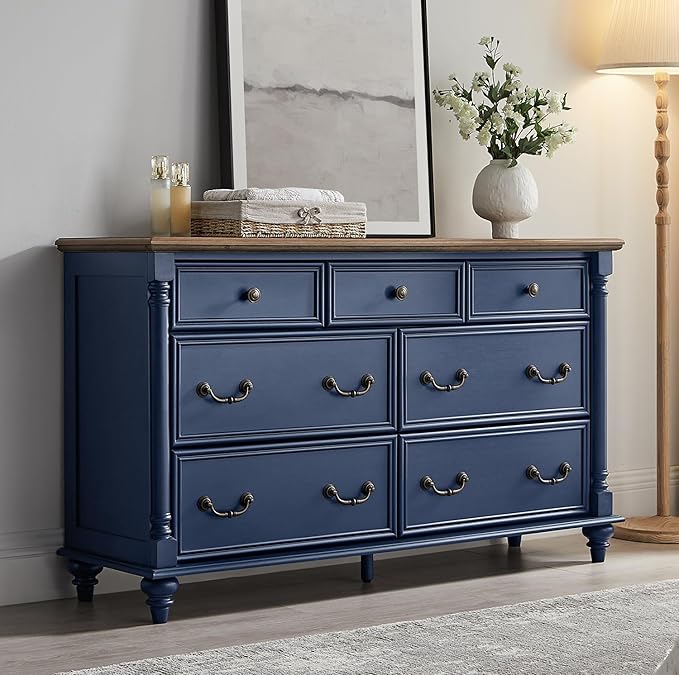 T4TREAM Farmhouse 7 Drawers Dresser Chests for Bedroom with 4 Solid Wood Feet, Tall Wide Wood Country Rustic Chest of Drawers, Storage Dressers for Bedroom, Living Room, Rustic Oak Antique Blue