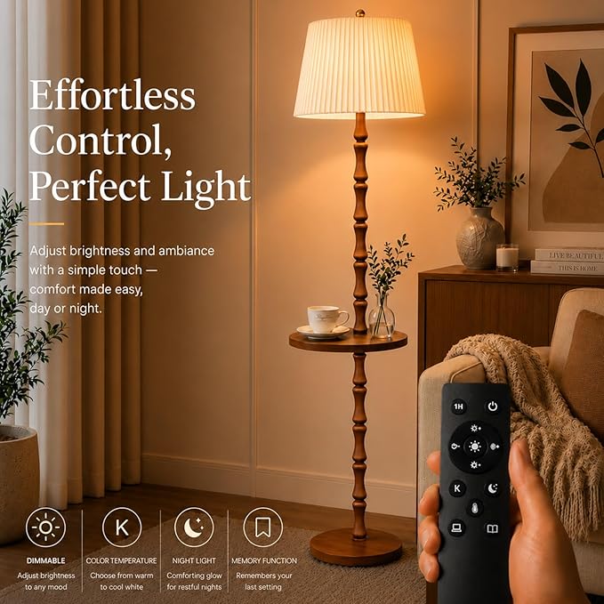 Real Wood Floor Lamp with Built-in Tray, Remote Control, Adjustable Brightness & 3 Color Temperatures, Dimmable Standing Lamp for Living Room, Bedroom, and Office – Easy Setup(Light Walnut)