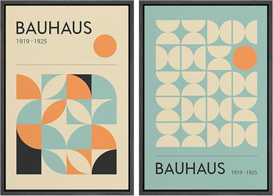 IDEA4WALL Framed Canvas Print Wall Art Set Bauhaus Geometric Blue Orange Polygon Collage Abstract Shapes Illustrations Modern Art Decorative for Living Room, Bedroom, Office - 24"x36"x2 Black