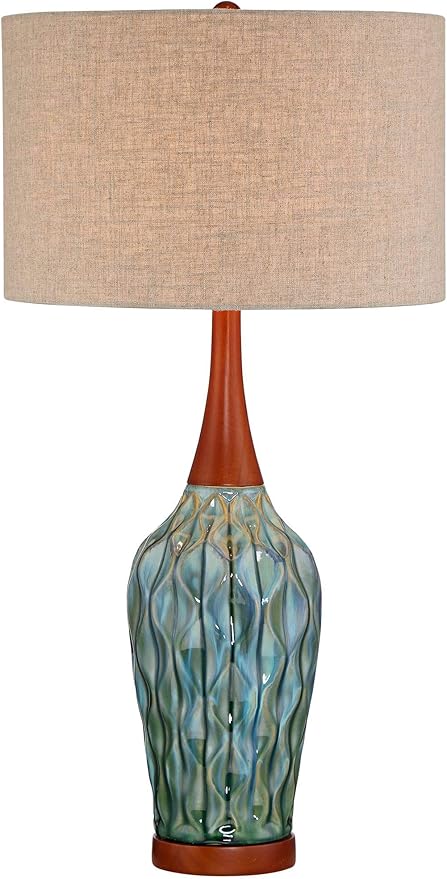 360 Lighting Rocco Mid Century Modern Table Lamp 30" Tall Ceramic Blue Teal Glaze Wood Handmade Linen Drum Shade Cottage Core Decor for Living Room Bedroom House Bedside Home (Colors May Vary)