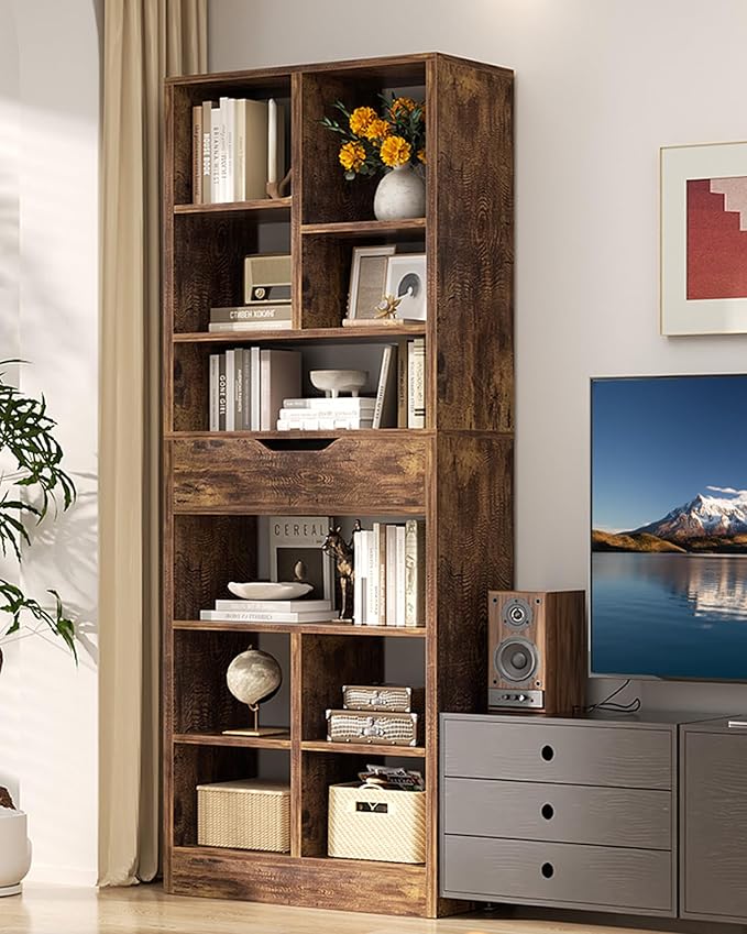 Armocity 8-Tier Tall Bookshelf with Drawer, 73.6" Narrow Freestanding Bookcase, Space-Saving Wood Display Shelves Storage for Living Room, Home Office Bedroom, Rustic Brown