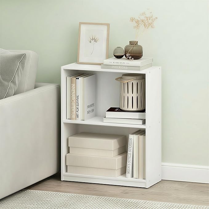 Furinno Gruen Book Shelf, 2-Tier Small Bookshelf, Bookcase with Open Shelf, 9.3 x 21.8 x 27, for Organization and Storage, for Living Room, Bedroom, Home Office, White