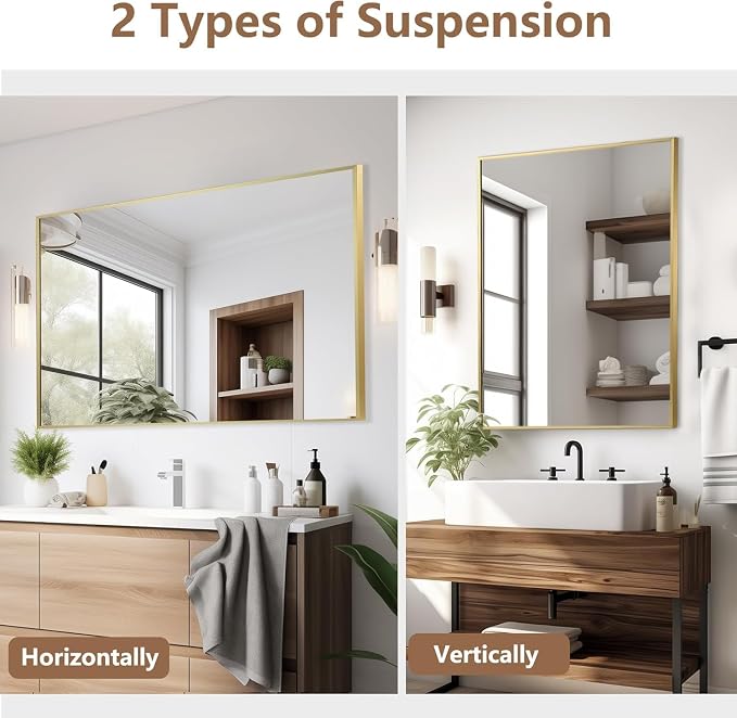 Gold Bathroom Mirror, 22"x30" Rectangle Mirror, Brushed Gold Mirror, Metal Frame Square Corner Vanity Mirror, Wall Mounted Mirror for Modern, Living Room, Bedroom, Horizontal Or Vertical