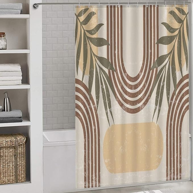 Mid Century Boho Arch Shower Curtains Abstract Geometric Modern Aesthetic Rainbow Leaves Sun Washable Waterproof Fabric for Bathroom Decor Bathtub with 12 Hooks 55x72in（140x183cm）