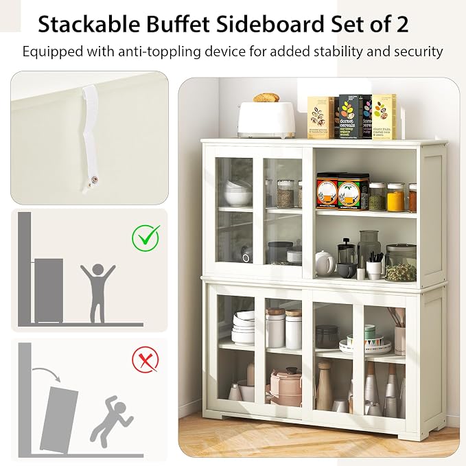 Byroce Sideboard Buffet Cabinet, Stackable Storage Coffee Bar Cabinet w/Adjustable Shelf & Glass Sliding Doors, Wood Cupboard Credenza Console Table for Kitchen Dining Living Room (2, Antique White)