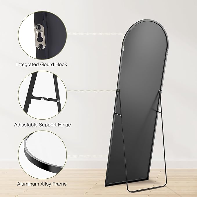 OLIXIS 64"x 21.5" Arched Mirror Full Length, Full Body Mirror with Stand, Hanging or Leaning for Wall, Floor Standing with Shatter-Proof Glass for Bedroom, Living Room, Long, Black