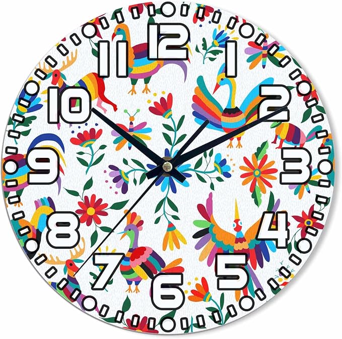 Animals Mexican Wall Clock Battery Operated Flowers Bird Spring Colorful Traditional Clip Art Wall Clock Silent Non Ticking Quality Quartz 10 Inch Round Easy Clock to Read for Home Office