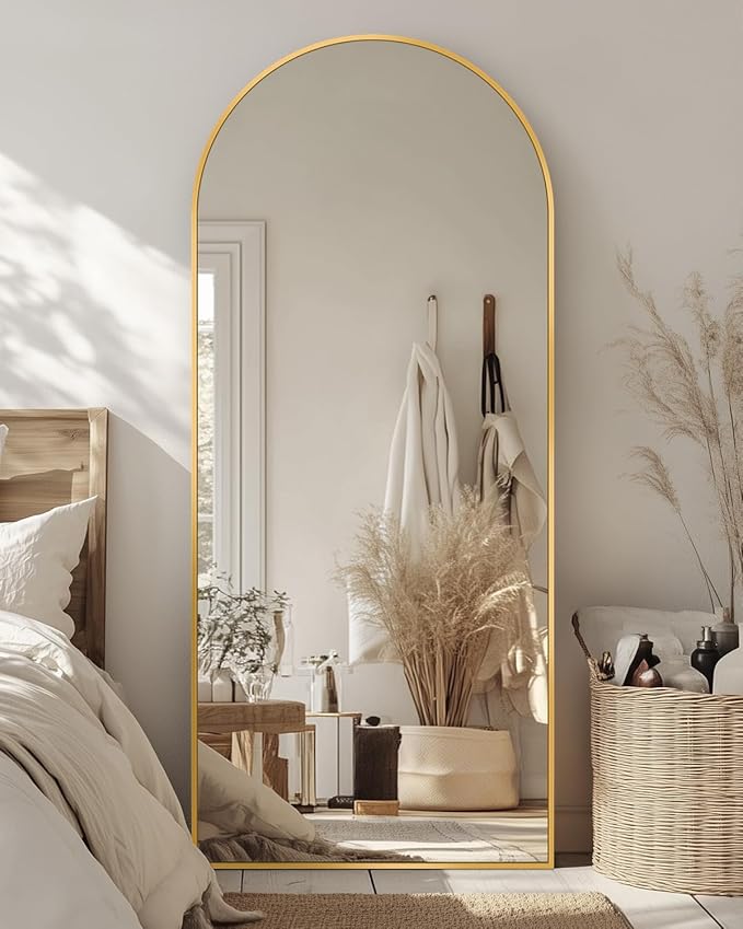 Antok Arched Full Length Mirror, 18"x58" Floor Mirror with Carved, Full Body Mirrors for HomeDecor, Standing/Halling Large Wall Mirror for Bedroom, Living Room, Cloakroom, Gold, Modern Style