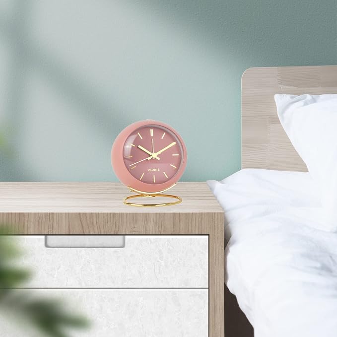 SHISEDECO Small Tableclocks Classic Non-Ticking Tabletop Alarm Clock with Night Light, Battery Operated Deskclock with HD Glass for Living Room Bedroom Bedside Indoor Decor (RN-Pink)