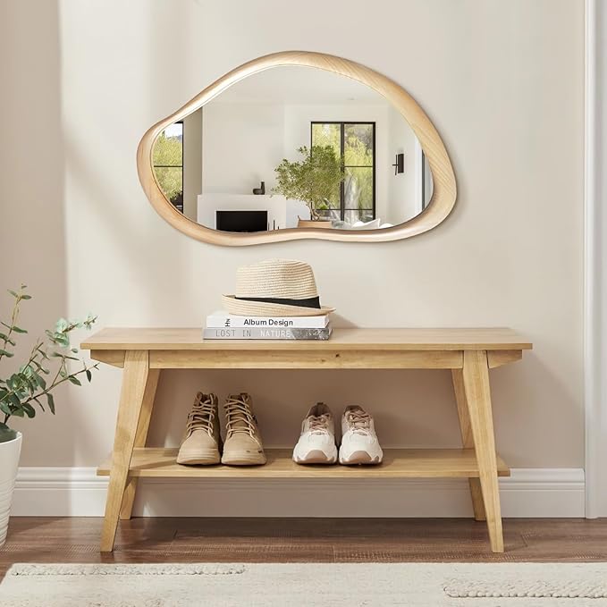 35"x24" Wood Wall Mirror, Rustic Asymmetrical Bathroom Mirror with Wood Frame, Farmhouse Vanity Mirror for Living Room, Bedroom, Entryway, Shatterproof, Vertical/Horizontal, Solid