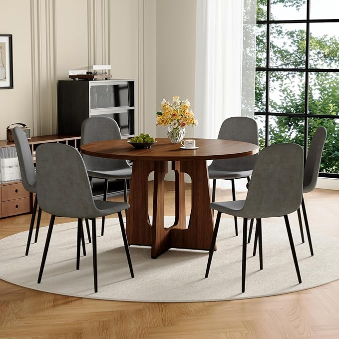 47" Round Dining Table Set for 6, Walnut Wood Grain Table and 6 Dark Gray Linen Upholstered Chairs Set, Mid Century Modern Kitchen Table Set with Cross Legs