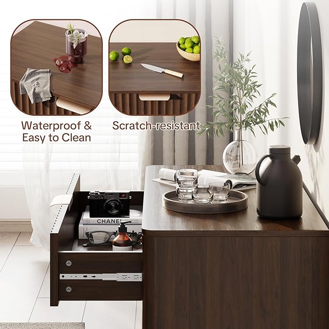 Fluted Buffet Cabinet with Storage - Modern Sideboard Accent Credenza with Doors & Drawer Wood Console Coffee Table Bar Counter for Living Room Kitchen Dining Room Entryway, Easy Assembly 31" Walnut