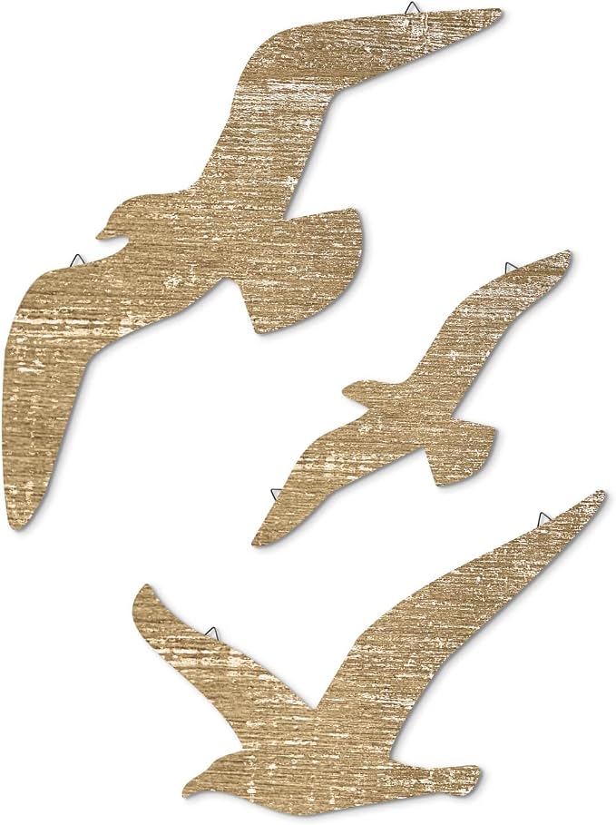 Putuo Decor Wooden Seagull Art Wall Decor Set - Rustic Coastal Birds Wall Sculptures with Metal Hooks, Farmhouse Cottagecore Accents for Beach House Bathroom Ocean Inspired Decor