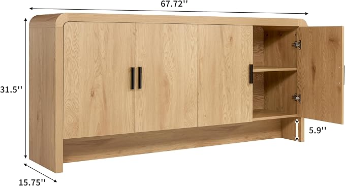 Finnhomy 68'' Sideboard Buffet Cabinet with Storage, Curved Design Credenza Storage Cabinet with 4 Doors, Console Cabinet for Kitchen, Living Room & Hallway, Natural
