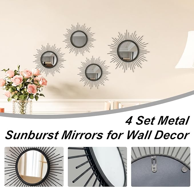 4 Set Metal Sunburst Mirrors for Wall Decor Living Room Bedroom Bathroom Dining Room Boho Gold Decorative Hanging Circle Vintage Art - Gold/Black/Silver 11.8 in/7.8 in