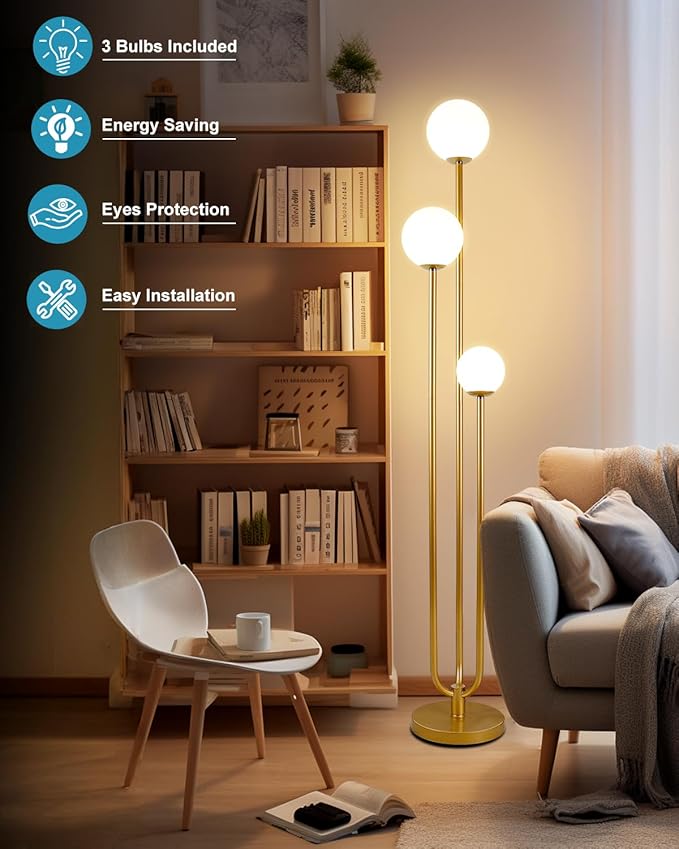 Lightdot Globe Floor Lamp for Living Room Mid Century Modern Floor Lamps with 3000K Warm White Bulbs Included Unique Gold Standing Lamps with 5Lbs Heavy Base for Party/Bedroom/Sofa Beside/Corner Decor