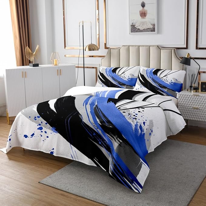 Erosebridal Black and Blue Kids Coverlet Set | Modern Geometric Striped Quilt Set for Boys Girls Contemporary Watercolor Graffiti Bedspread Sets Boho Minimalist Aesthetic Art Quilts Twin 2 Pieces