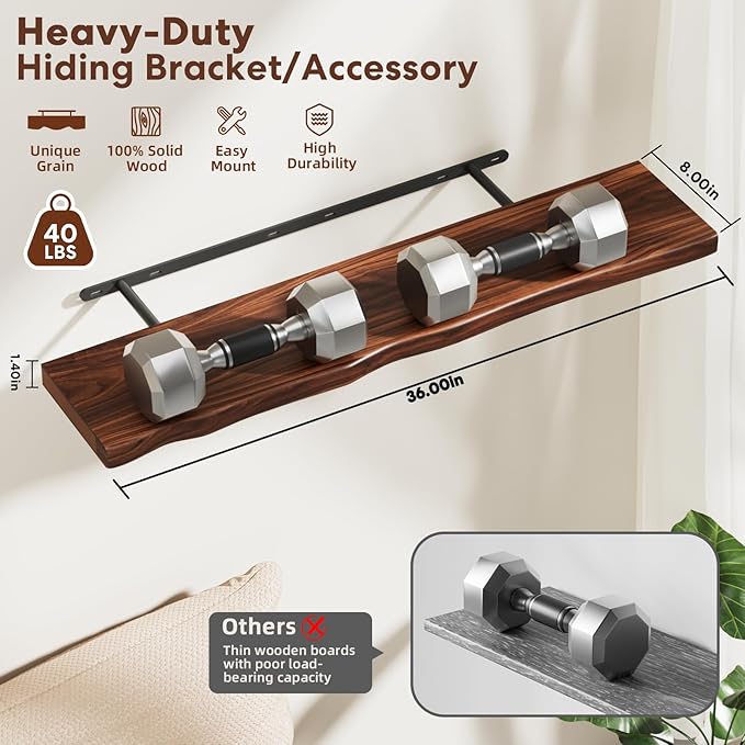 Floating Shelves for Wall Rustic Farmhouse 36 Inch Floating Shelf Bathroom Wooden Shelves for Wall Mounted Live Edge Pine Shelf with Unique Natural Grain for Living Room Bedroom Kitchen (Walnut)