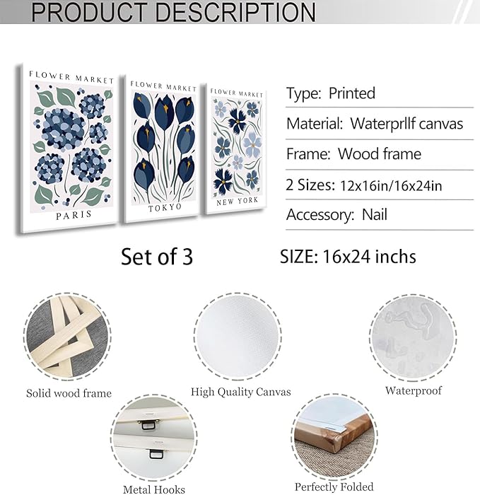 BingruiArt Flower Market Wall Art Navy Blue Canvas Boho Floral Wall Decor Modern Retro Botanical Posters Prints Pictures for Livingroom Batroom Bedroom Dorm Room 3Pcs 16"x24" Framed