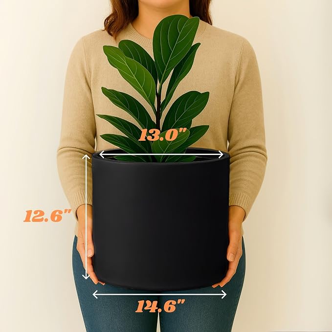 Fox & Fern Large Indoor Planter, Modern Large Plant Pot for Indoor or Outdoor, UV and Frost Resistant - 14.6 Inch, Fiberstone, Matte Black Flower Pot with Drainage Plug, Lightweight