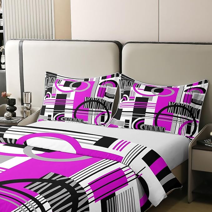 Erosebridal Art Deco Mid Century Duvet Cover Set Retro Modern Abstract Geometric 100% Cotton Comforter Cover Black and White Purple Circles Stripes King Bedding Set, Contemporary Bed Sets