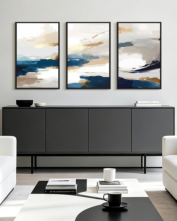 KUVIOKE Abstract Blue Framed Wall Art Graffiti Shape Pastel Wall Decor Modern Art Painting for Bedroom Hallway 16x24in (Black Framed)