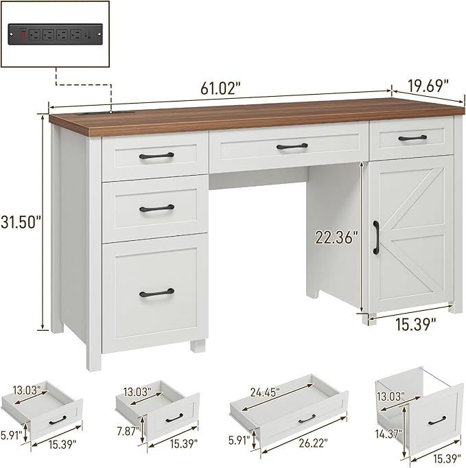 Vabches Farmhouse 61'' Executive Desk with 5 Drawers, Rustic Office Desk Computer Desk with Charging Station, File Drawers and Storage Cabinet, Wood Workstation for Home Office and Study.(Brown Top)