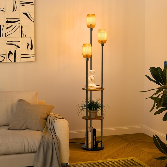 Floor Lamp with Shelves, Rustic Floor Lamp with Shades, 3 Light Standing Lamp with Table, 71" Tall Shelf Lamp with 3 Bulbs, Foot Switch, Corner Lamps for Living room, Bedroom (Black-Rattan)