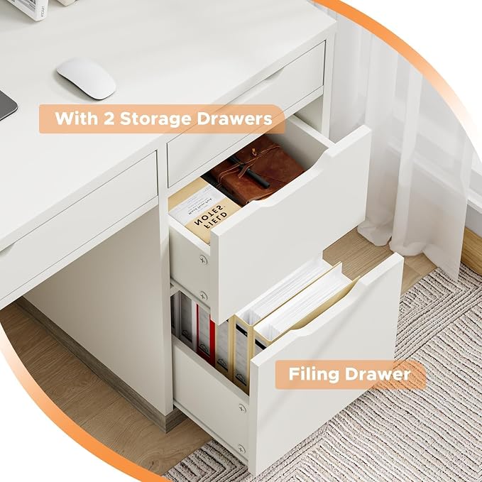 MaverickFurni White Desk with Drawers, 48 Inch Small Computer Desk for Bedroom, Modern Study Writing Desk with 4 Storage Drawers for Teens & Home Office