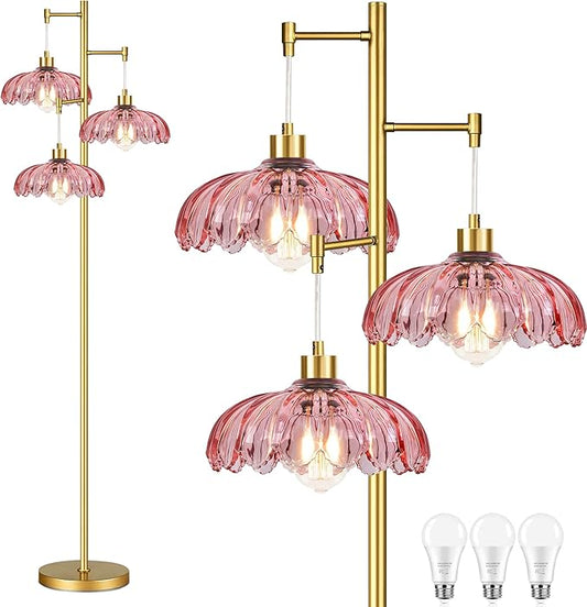 ILLMTW Pink Floor Lamp for Living Room,Bedroom,Gold Flower Mid Century Modern Standing Lamp Brass Tree 3 Light Tall Floor Lamps Vintage Floor Lights Glass Lamp Shade Farmhouse Boho Bohemian