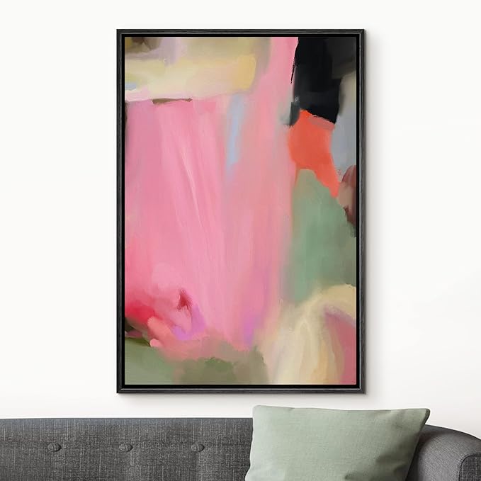 MUDECOR Framed Canvas Print Wall Art Pink Geometric Paint Strokes Abstract Shapes Illustrations Minimalism Decorative Relax/Zen Colorful Nordic for Living Room, Bedroom, Office - 16"x24" Black