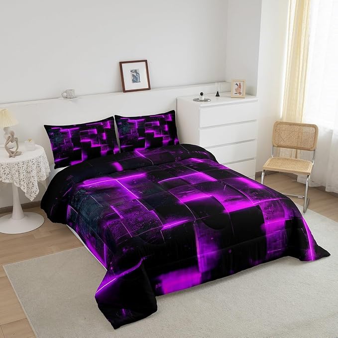 Black Purple Abstract Comforter Twin Gradient Square Twin Bedding Set, Grid Down Comforter Neon Checkered Bed Set Glowing Plaid Quilted Duvet 3D Modern Bedroom Decor 2pcs (Black Reversible)